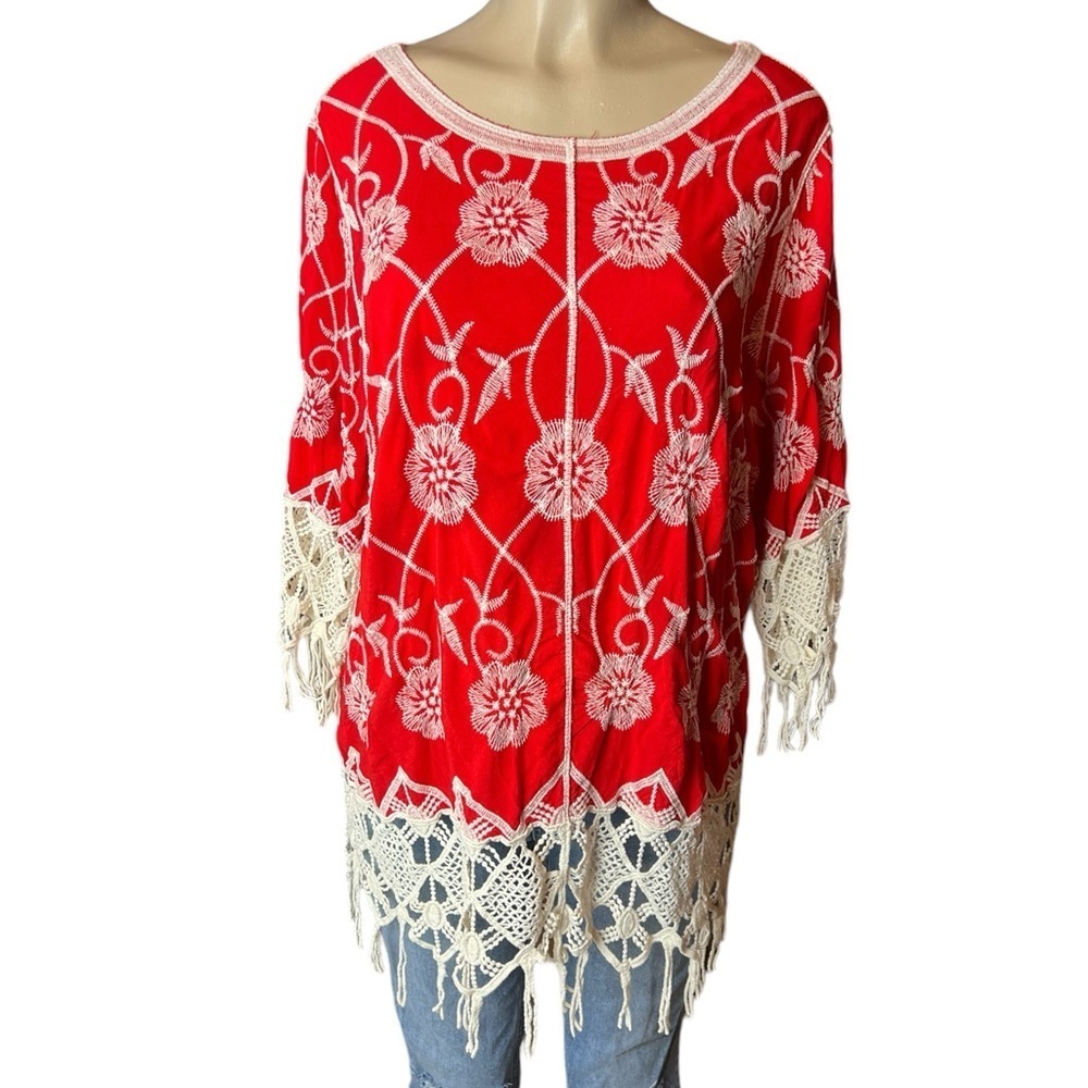 C Est. 1946 Boho Tunic Top in Red with Crochet Fringe Size 18/20​​​​